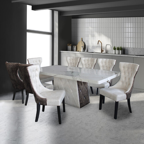 2.0M Rectangle Marble Dining Set 1+8 MT2811-GG + DC2811 